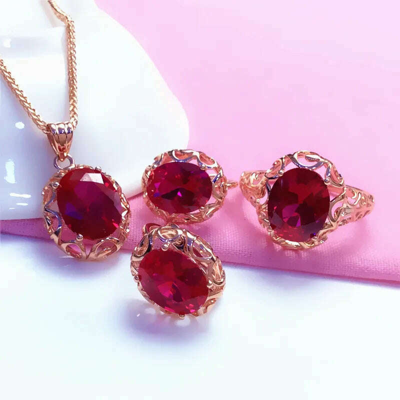 KIMLUD, Luxury 585 purple gold inlaid ruby jewelry set hollow design 14K rose gold wedding necklaces rings earrings for girlfriend, KIMLUD Womens Clothes