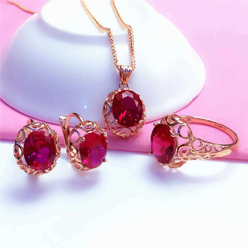 KIMLUD, Luxury 585 purple gold inlaid ruby jewelry set hollow design 14K rose gold wedding necklaces rings earrings for girlfriend, KIMLUD Womens Clothes