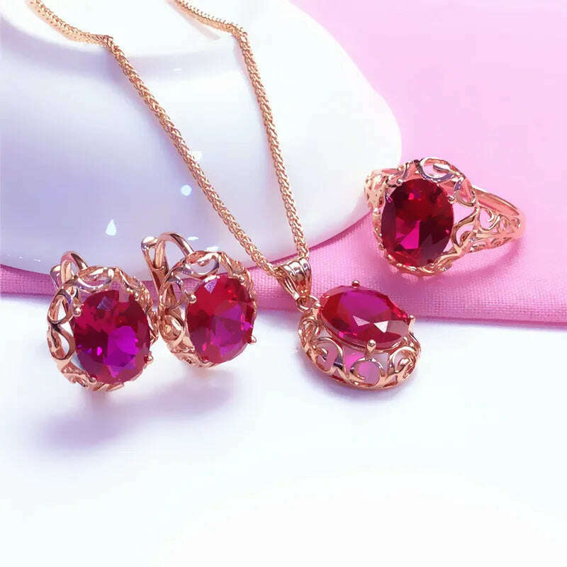 KIMLUD, Luxury 585 purple gold inlaid ruby jewelry set hollow design 14K rose gold wedding necklaces rings earrings for girlfriend, KIMLUD Womens Clothes