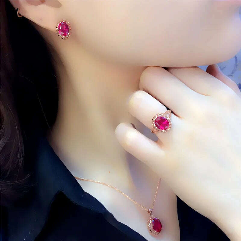 KIMLUD, Luxury 585 purple gold inlaid ruby jewelry set hollow design 14K rose gold wedding necklaces rings earrings for girlfriend, KIMLUD Womens Clothes