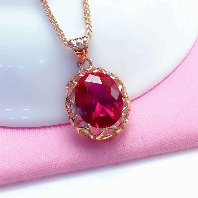 KIMLUD, Luxury 585 purple gold inlaid ruby jewelry set hollow design 14K rose gold wedding necklaces rings earrings for girlfriend, Necklace 45CM, KIMLUD APPAREL - Womens Clothes