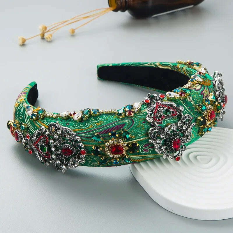 KIMLUD, Luxury Baroque Palace Style Full Rhinestone Headband Hair Accessories Women Thickened Sponge Embroidery Prom Hairband Hair Hoop, E3 green, KIMLUD APPAREL - Womens Clothes