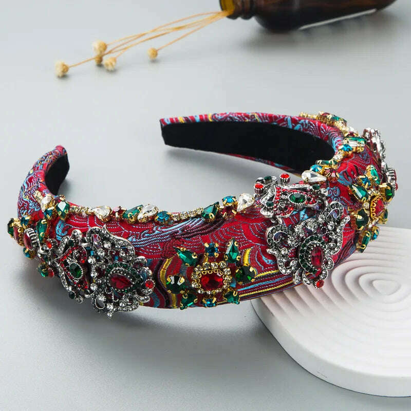 KIMLUD, Luxury Baroque Palace Style Full Rhinestone Headband Hair Accessories Women Thickened Sponge Embroidery Prom Hairband Hair Hoop, E1 Red, KIMLUD APPAREL - Womens Clothes