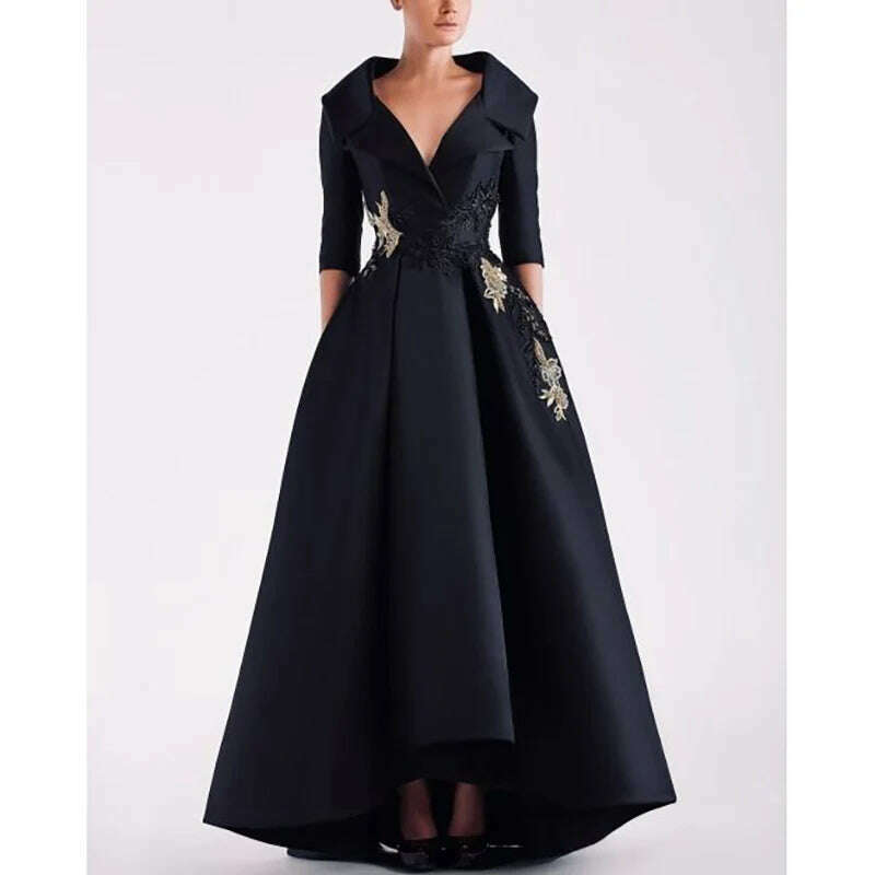 KIMLUD, Luxury Black Evening Dress V-Neck Half Sleeve Appliques Floor Length Satin Pleat Formal Occasion Elegant Women Special Party, KIMLUD Womens Clothes