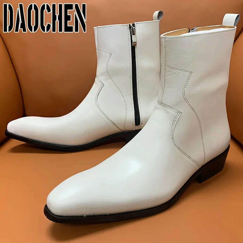 KIMLUD, Luxury Brand Chelsea Boots High Grade Men Calf Boots Slip On Zipper Casual Men Dress Shoes White Black Leather Boots Men, KIMLUD Womens Clothes