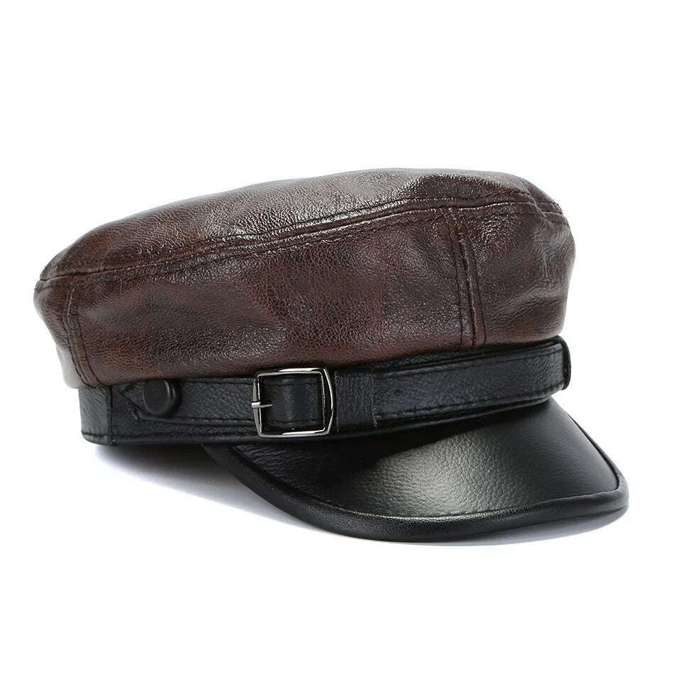 KIMLUD, Luxury Brand Hat Women Men Military Caps Black Real Leather studentsr Hats Flat Female Adjustable Autumn Winter Captain Caps, brown black / China / 55-56cm, KIMLUD APPAREL - Womens Clothes