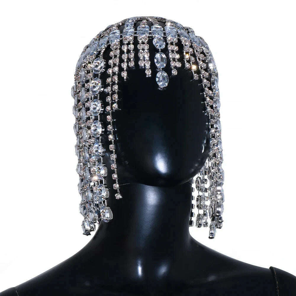 Luxury Crystal Square Tassel Hair Chain Bridal Headpiece for Women Rave Accessories Rhinestone Geometric Head Chain Hat Jewelry - KIMLUD