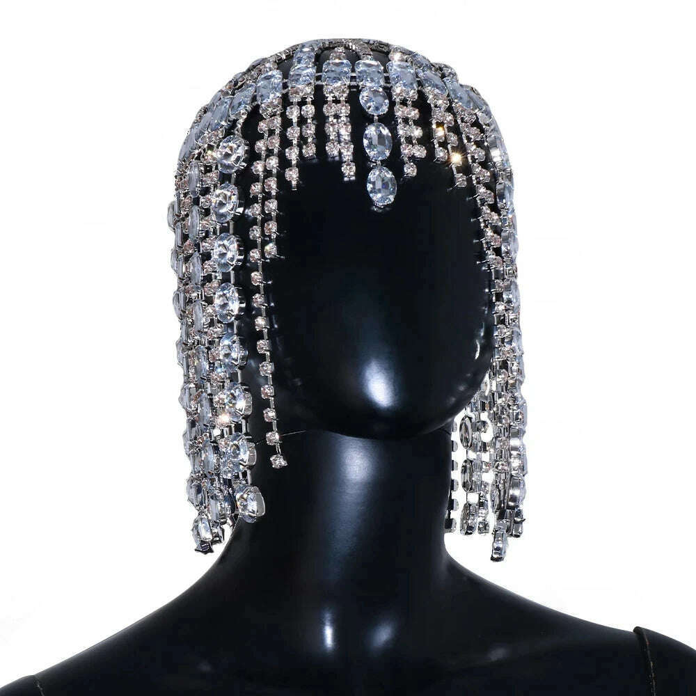 KIMLUD, Luxury Crystal Square Tassel Hair Chain Bridal Headpiece for Women Rave Accessories Rhinestone Geometric Head Chain Hat Jewelry, KIMLUD Womens Clothes