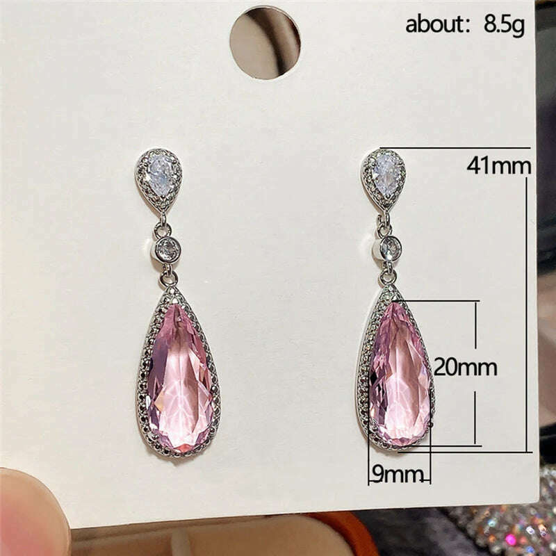 KIMLUD, Luxury Fashion Drop Cut Pink Cubic Zirconia CZ Stone Drop Dangle Earrings For Women Banquet Party Jewelry Gift, KIMLUD Womens Clothes