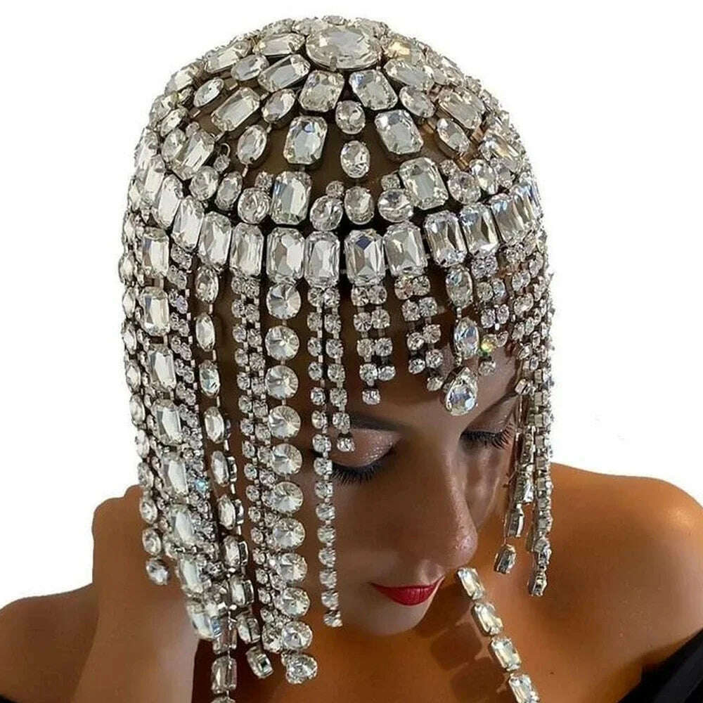 Luxury Hat Jewelry Crystal Square Tassel Hair Chain Bridal Headpiece for Women Rave Accessories Rhinestone Geometric Head Chain - KIMLUD