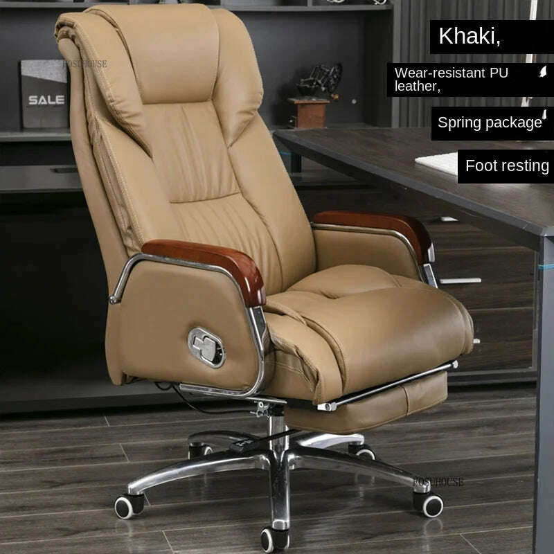 KIMLUD, Luxury High Back Office Chairs with Massage Comfortable Ergonomic Recliner Home Office Boss Chairs High-end Lifting Swivel Chair, Khaki-PU-D, KIMLUD APPAREL - Womens Clothes