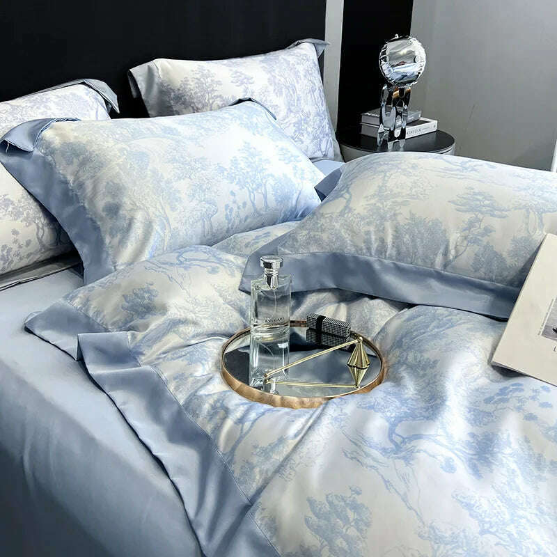 KIMLUD, Luxury Home Textile Bedding Set 100% Tencel Quilt Cover Duvet Cover Flat Bed Sheet Pillowcases Comforter Bed Linens Queen King, Starry Sky Blue / Queen  4pcs / Flat Bed Sheet, KIMLUD APPAREL - Womens Clothes