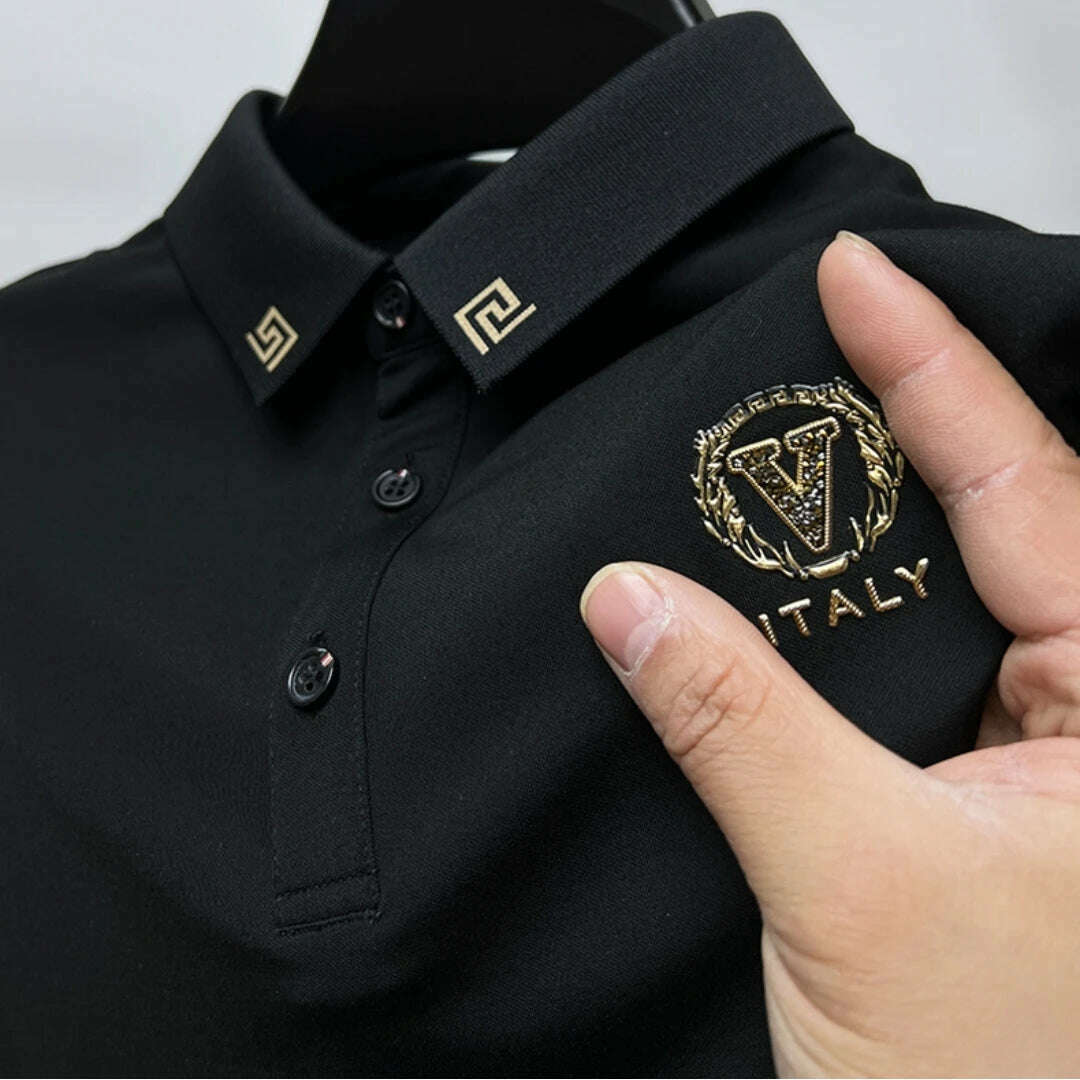 KIMLUD, Luxury Ice Silk Polo Shirts Short Sleeved Lapel T-shirts 2023 Summer Trend Hot Drilling Exquisite Embroidery Casual Men Clothing, KIMLUD Womens Clothes