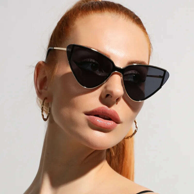 Luxury Metal Punk Cat Eye Sunglasses Women Men New Brand Designer One Piece Sun Glasses Lady Trendy Steampunk Gold Black Eyewear - KIMLUD