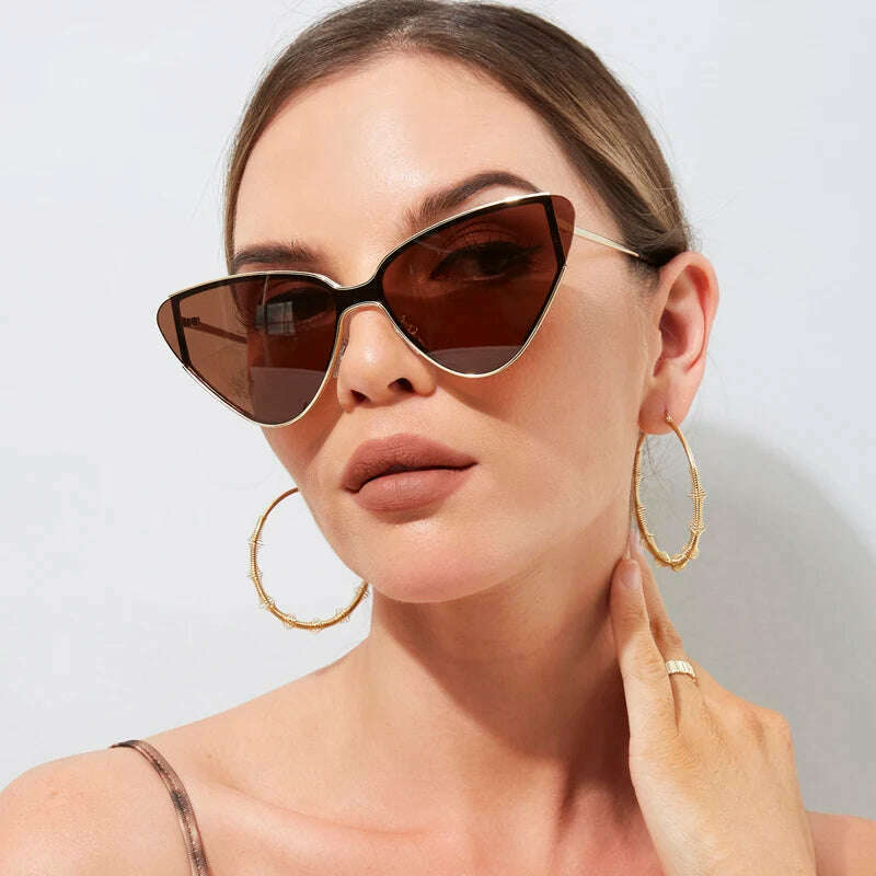 Luxury Metal Punk Cat Eye Sunglasses Women Men New Brand Designer One Piece Sun Glasses Lady Trendy Steampunk Gold Black Eyewear - KIMLUD