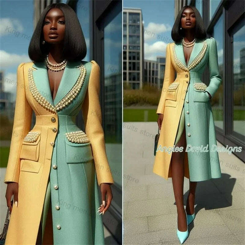 Luxury Pearls Women Suit Long Blazer Yellow Mint Cotton Overcoat Customized Formal Office Lady Wedding Prom Dress Jacket Coat - KIMLUD