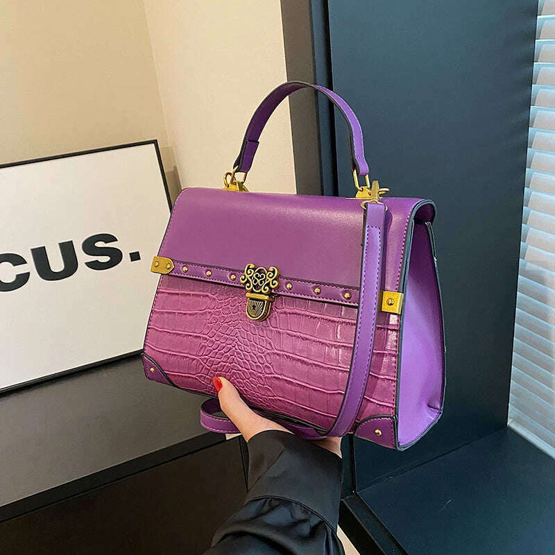 Luxury Purple Handbag Classic Women Bag 2024 New Designer Shoulder Bag High Quality Solid Pu Leather Crossbody Small Square Bag - KIMLUD