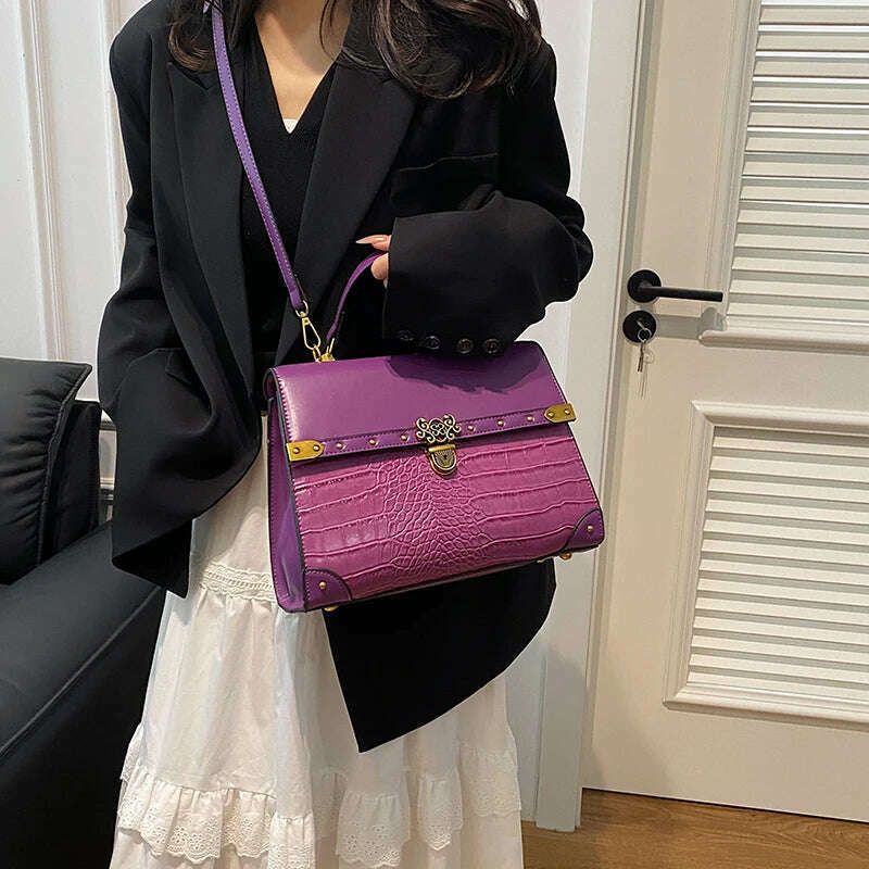 Luxury Purple Handbag Classic Women Bag 2024 New Designer Shoulder Bag High Quality Solid Pu Leather Crossbody Small Square Bag - KIMLUD