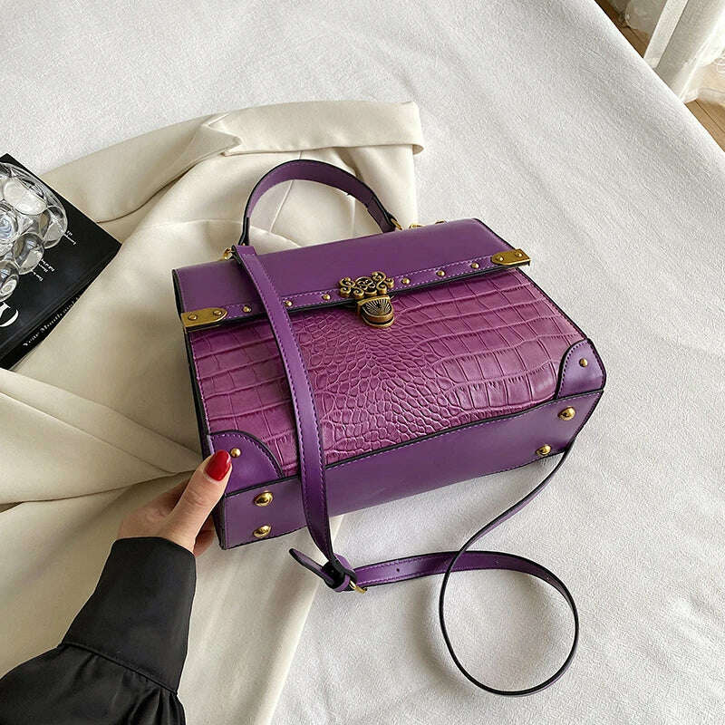 Luxury Purple Handbag Classic Women Bag 2024 New Designer Shoulder Bag High Quality Solid Pu Leather Crossbody Small Square Bag - KIMLUD