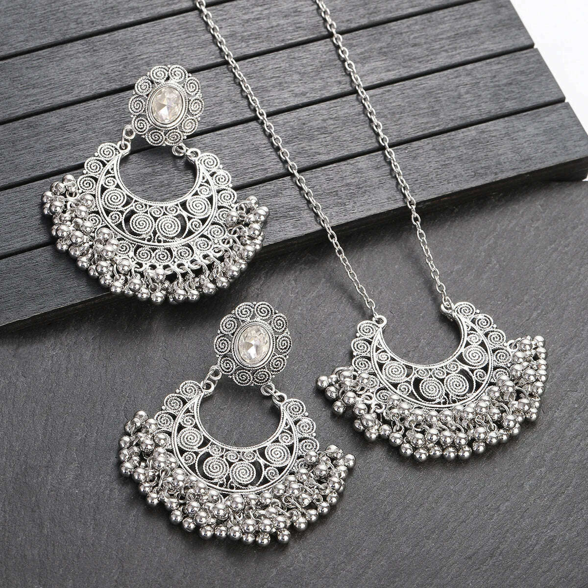 Luxury Retro Indian Jewelry Set Earring/Necklace Bijoux Wedding Jewelry Hangers Ethnic Carved Jhumka Earrings - KIMLUD