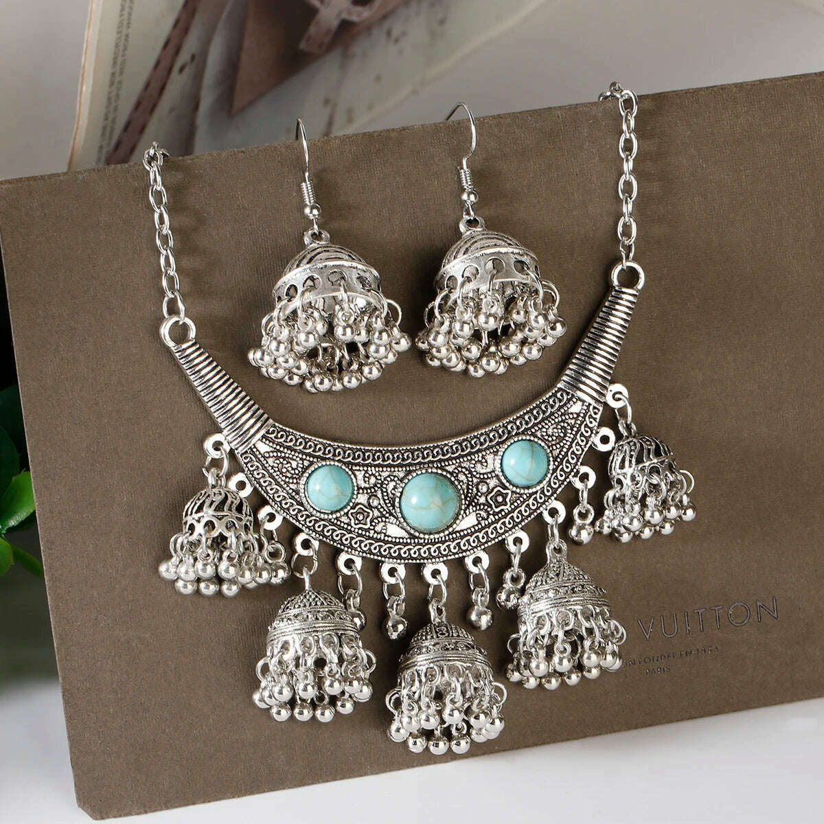 KIMLUD, Luxury Retro Indian Jewelry Set Earring/Necklace Bijoux Wedding Jewelry Hangers Ethnic Carved Jhumka Earrings, HXE490-2B, KIMLUD APPAREL - Womens Clothes