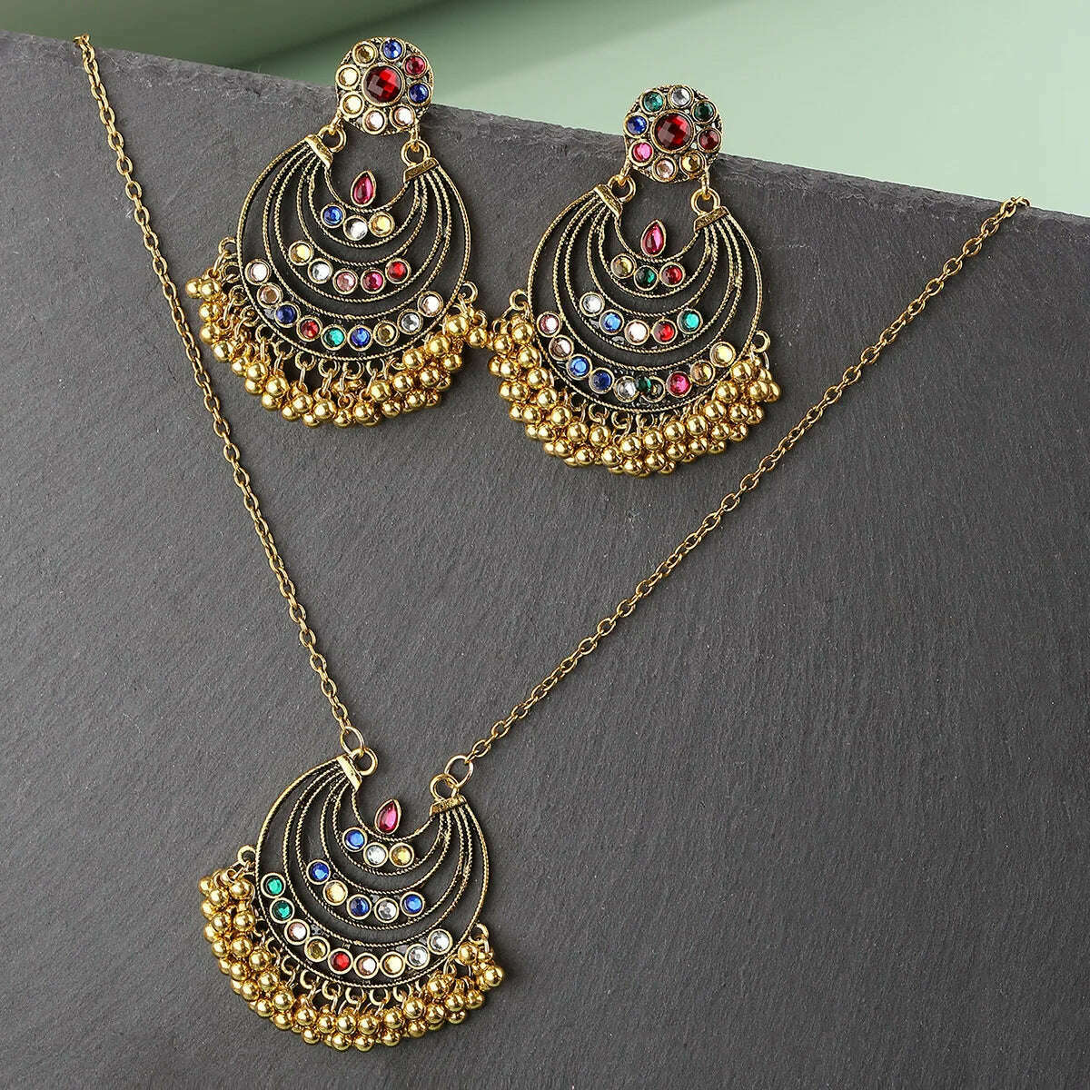 KIMLUD, Luxury Retro Indian Jewelry Set Earring/Necklace Bijoux Wedding Jewelry Hangers Ethnic Carved Jhumka Earrings, HXE495-9, KIMLUD APPAREL - Womens Clothes