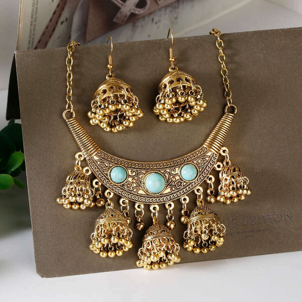 KIMLUD, Luxury Retro Indian Jewelry Set Earring/Necklace Bijoux Wedding Jewelry Hangers Ethnic Carved Jhumka Earrings, HXE490-1B, KIMLUD APPAREL - Womens Clothes