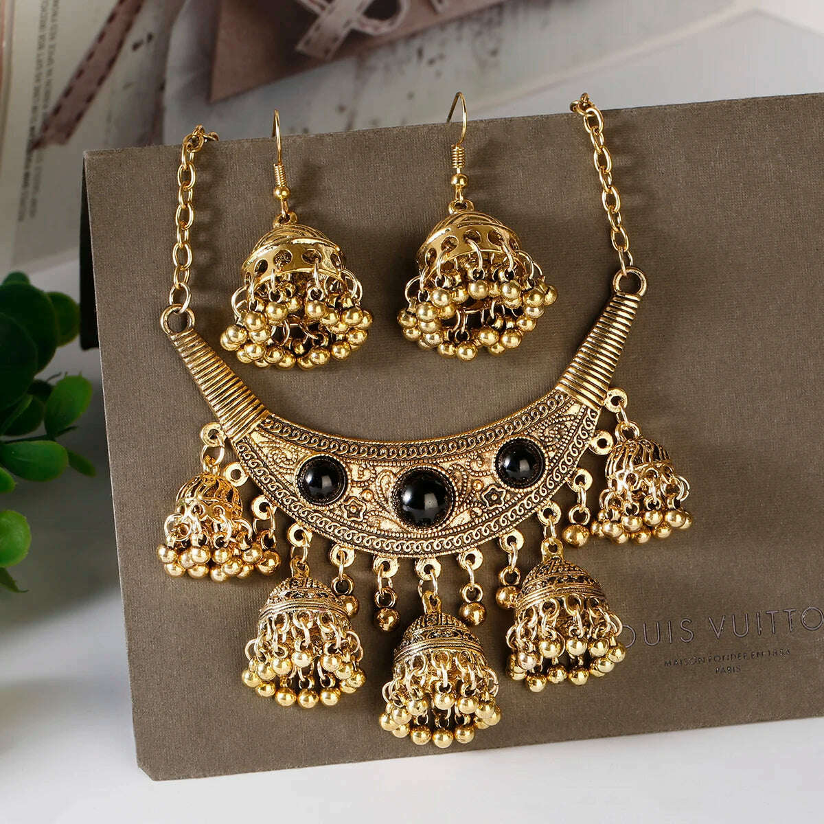 KIMLUD, Luxury Retro Indian Jewelry Set Earring/Necklace Bijoux Wedding Jewelry Hangers Ethnic Carved Jhumka Earrings, HXE490-1A, KIMLUD APPAREL - Womens Clothes