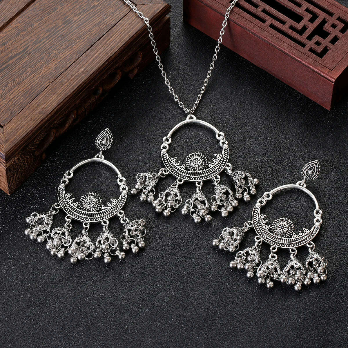 KIMLUD, Luxury Retro Indian Jewelry Set Earring/Necklace Bijoux Wedding Jewelry Hangers Ethnic Carved Jhumka Earrings, HXE521-2, KIMLUD APPAREL - Womens Clothes