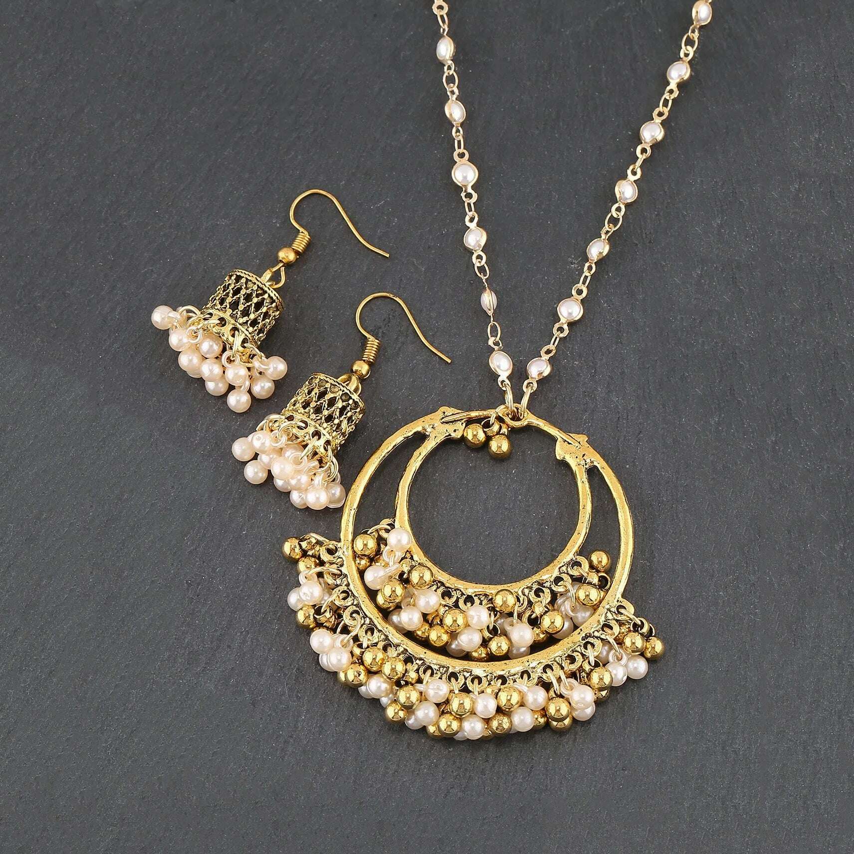 Luxury Retro Indian Jewelry Set Earring/Necklace Bijoux Wedding Jewelry Hangers Ethnic Carved Jhumka Earrings - KIMLUD