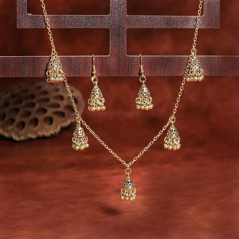 KIMLUD, Luxury Retro Indian Jewelry Set Earring/Necklace Bijoux Wedding Jewelry Hangers Ethnic Carved Jhumka Earrings, HXE497-1, KIMLUD APPAREL - Womens Clothes