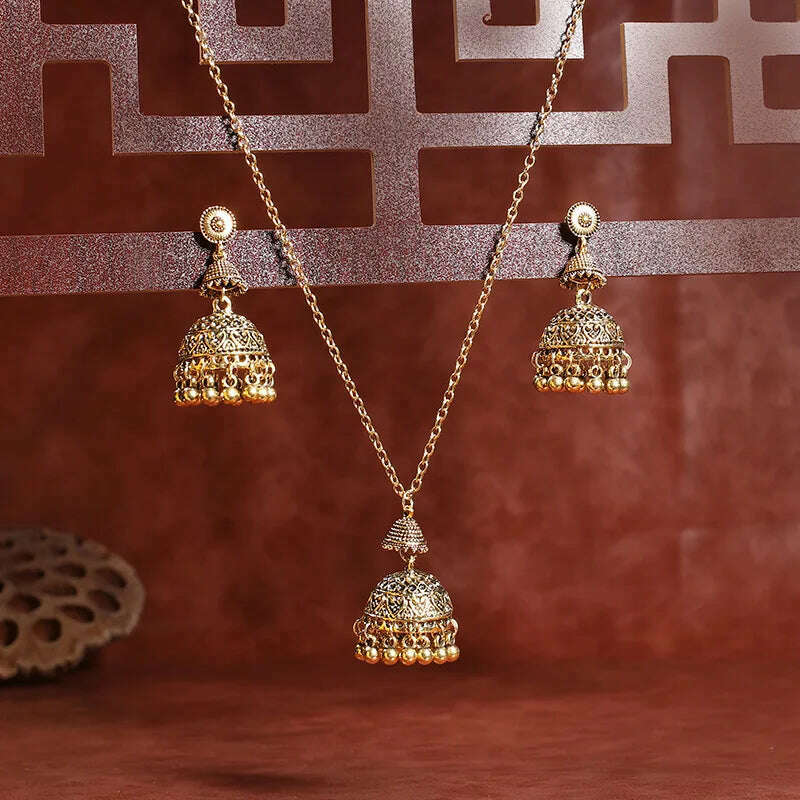 KIMLUD, Luxury Retro Indian Jewelry Set Earring/Necklace Bijoux Wedding Jewelry Hangers Ethnic Carved Jhumka Earrings, HXE495-1, KIMLUD APPAREL - Womens Clothes