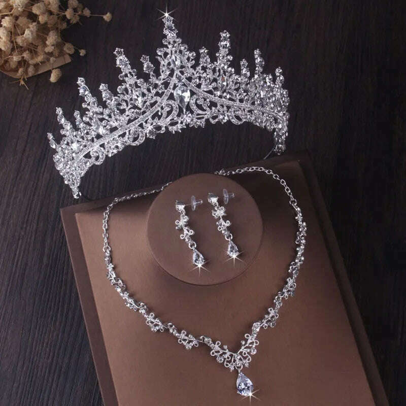 KIMLUD, Luxury Silver Color Crystal Water Drop Bridal Jewelry Sets Rhinestone Tiaras Crown Necklace Earrings Wedding Dubai Jewelry Set, KIMLUD Womens Clothes