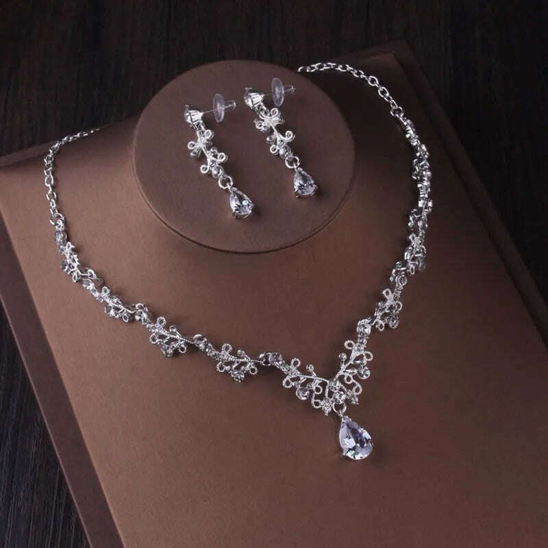 KIMLUD, Luxury Silver Color Crystal Water Drop Bridal Jewelry Sets Rhinestone Tiaras Crown Necklace Earrings Wedding Dubai Jewelry Set, KIMLUD Womens Clothes