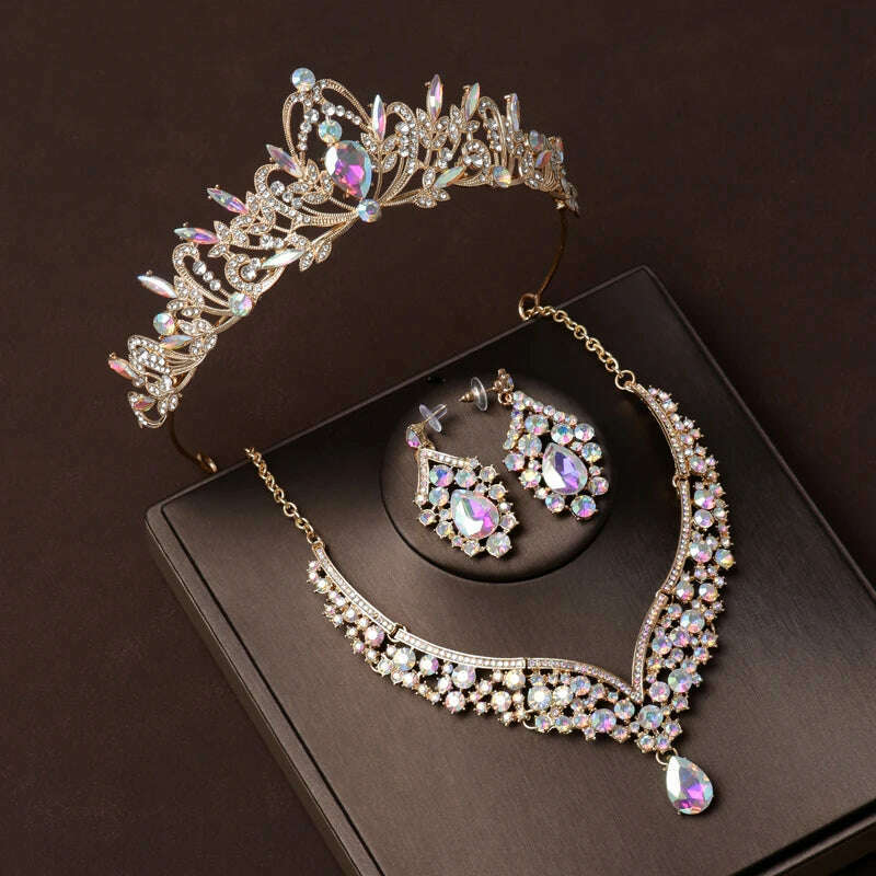 KIMLUD, Luxury Silver Color Crystal Water Drop Bridal Jewelry Sets Rhinestone Tiaras Crown Necklace Earrings Wedding Dubai Jewelry Set, TS-0007-L-XL-0019-C / Tiaras, KIMLUD APPAREL - Womens Clothes