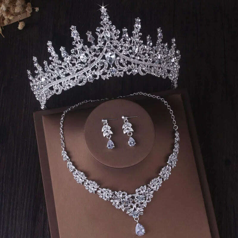 KIMLUD, Luxury Silver Color Crystal Water Drop Bridal Jewelry Sets Rhinestone Tiaras Crown Necklace Earrings Wedding Dubai Jewelry Set, TS-0002-I-XL-0001-A / Tiaras, KIMLUD APPAREL - Womens Clothes