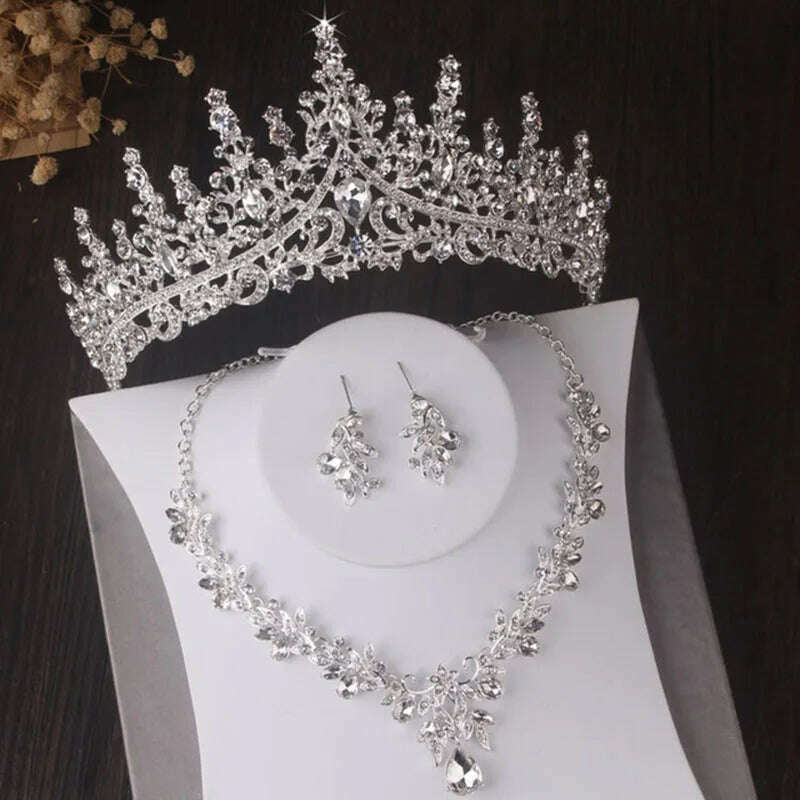 KIMLUD, Luxury Silver Color Crystal Water Drop Bridal Jewelry Sets Rhinestone Tiaras Crown Necklace Earrings Wedding Dubai Jewelry Set, TS-0002-I-XL-0005-A / Tiaras, KIMLUD APPAREL - Womens Clothes