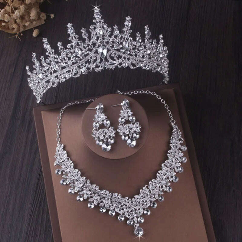 KIMLUD, Luxury Silver Color Crystal Water Drop Bridal Jewelry Sets Rhinestone Tiaras Crown Necklace Earrings Wedding Dubai Jewelry Set, TS-0002-I-XL-0003-A / Tiaras, KIMLUD APPAREL - Womens Clothes