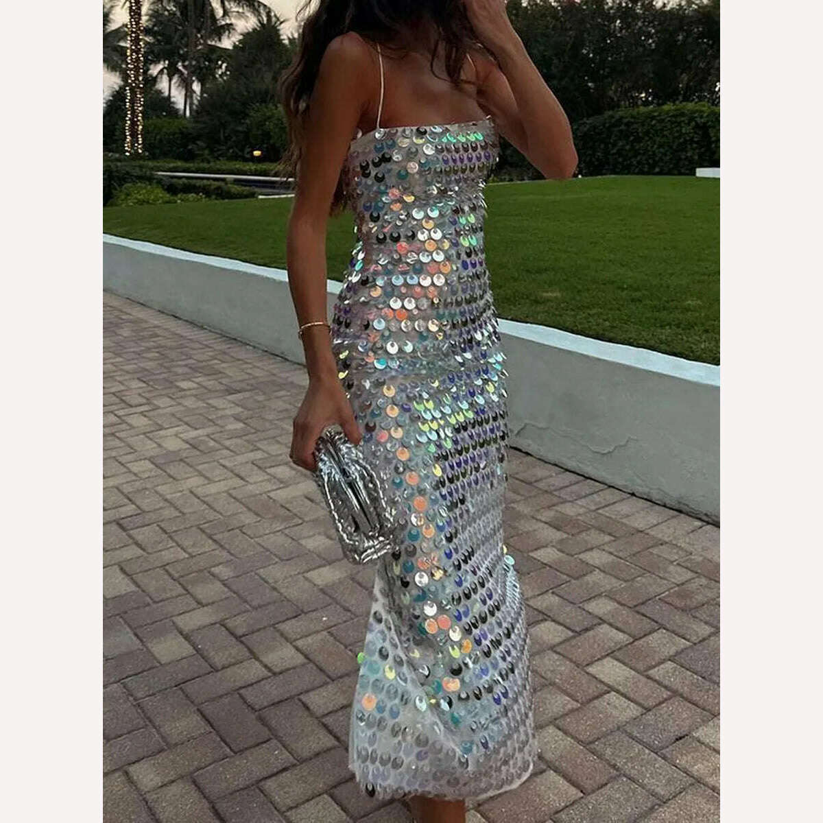 Luxury Spaghetti Strap Sleeveless Sling Cocktail Dress Women Sequins Skinny Dresses Summer Backless Party Club Dress Streetwear - KIMLUD