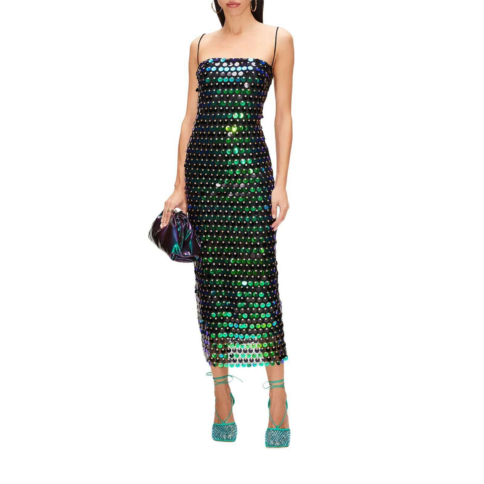 KIMLUD, Luxury Spaghetti Strap Sleeveless Sling Cocktail Dress Women Sequins Skinny Dresses Summer Backless Party Club Dress Streetwear, Green / M, KIMLUD APPAREL - Womens Clothes