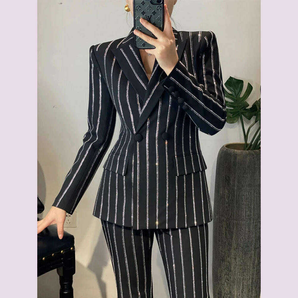 KIMLUD, Luxury Striped 2 piece set for women Rhinestone double breasted blazer And Flare pants 2024 Autumn winter Office lady suit 4O083, KIMLUD Womens Clothes