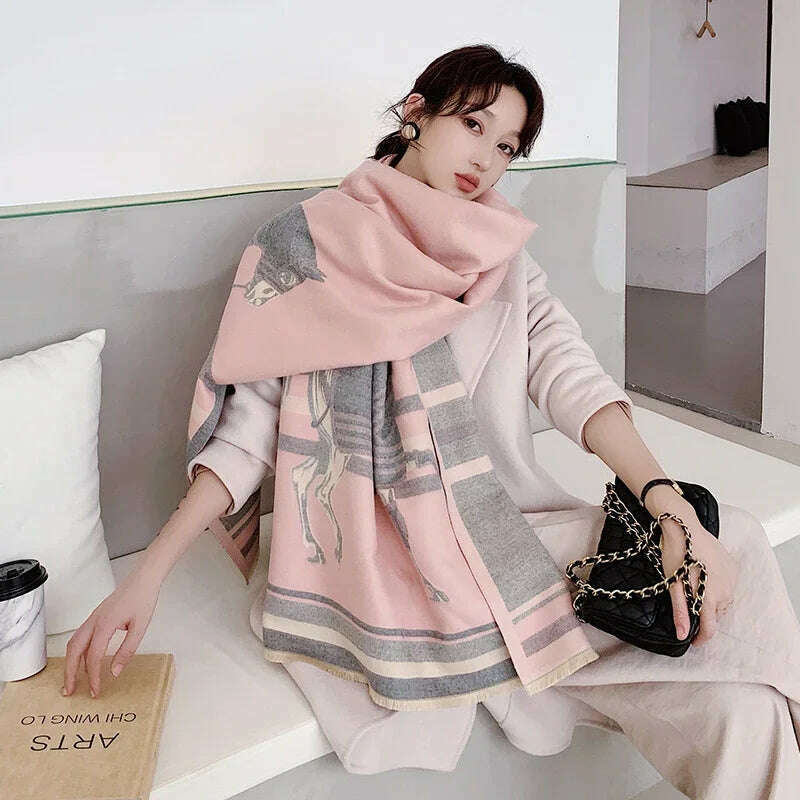 KIMLUD, Luxury Winter Cashmere Scarf Women 2024 Design Warm Pashmina Blanket Horse Scarves Female Shawl Wraps Thick Foulard Bufanda, Y25-1-Pink, KIMLUD APPAREL - Womens Clothes