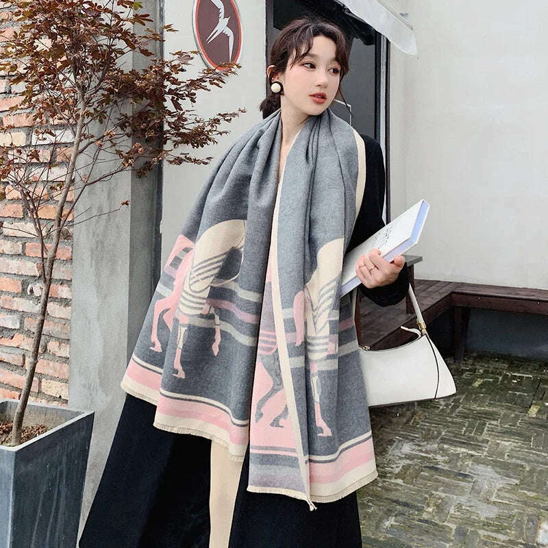 KIMLUD, Luxury Winter Cashmere Scarf Women 2024 Design Warm Pashmina Blanket Horse Scarves Female Shawl Wraps Thick Foulard Bufanda, Y25-2-Gray, KIMLUD APPAREL - Womens Clothes