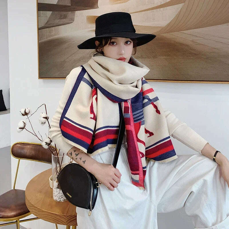 KIMLUD, Luxury Winter Cashmere Scarf Women 2024 Design Warm Pashmina Blanket Horse Scarves Female Shawl Wraps Thick Foulard Bufanda, Y25-4-Beige red, KIMLUD APPAREL - Womens Clothes