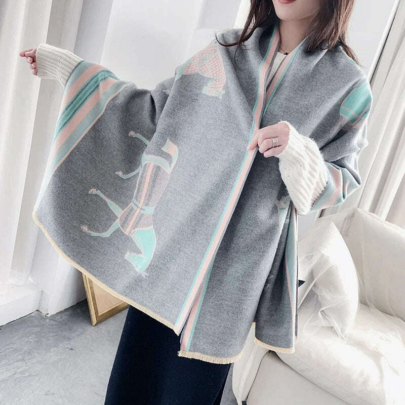 KIMLUD, Luxury Winter Cashmere Scarf Women 2024 Design Warm Pashmina Blanket Horse Scarves Female Shawl Wraps Thick Foulard Bufanda, Y15-5-Light gray, KIMLUD APPAREL - Womens Clothes