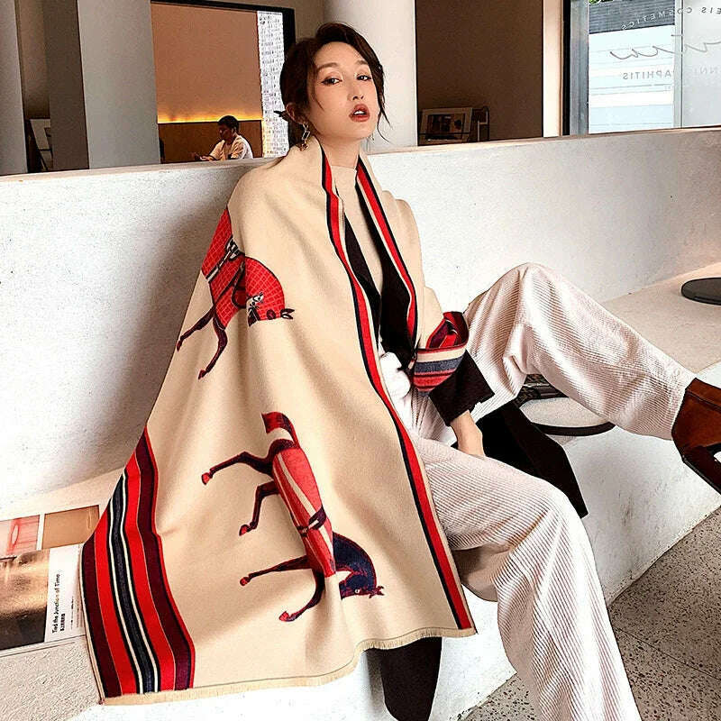 KIMLUD, Luxury Winter Cashmere Scarf Women 2024 Design Warm Pashmina Blanket Horse Scarves Female Shawl Wraps Thick Foulard Bufanda, Y15-2-Beige, KIMLUD APPAREL - Womens Clothes