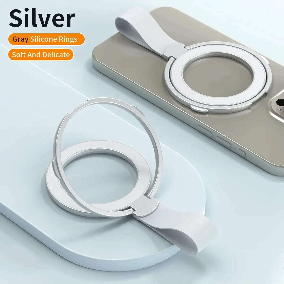 KIMLUD, MagSafe Magnetic Ring Phone Holder with Silicone Cord Rotating Kickstand for Iphone15 14 13 12 Series Desktop AlloyBuckle Stand, Silver, KIMLUD APPAREL - Womens Clothes