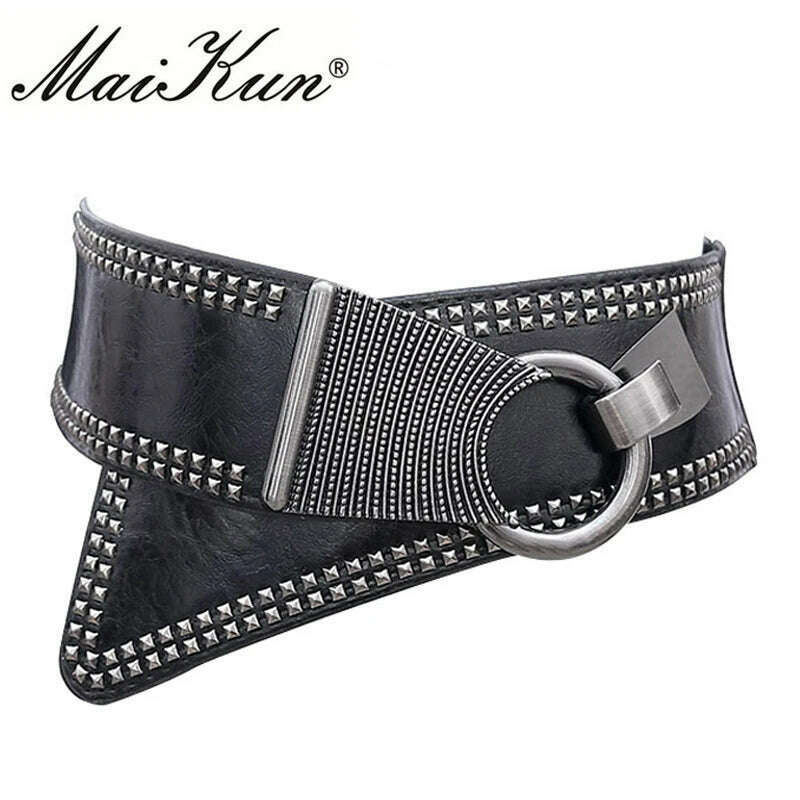 KIMLUD, Maikun Fashion Punk Rocker Wide Belts for Women Elastic Wide European Style Women Belts Metal Round Buckle, KIMLUD Womens Clothes