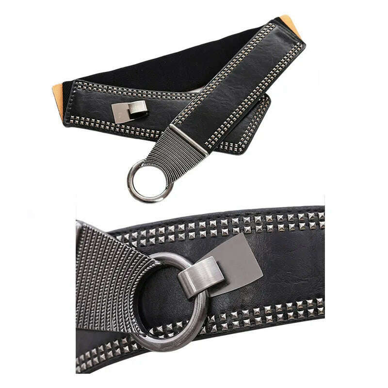 Maikun Fashion Punk Rocker Wide Belts for Women Elastic Wide European Style Women Belts Metal Round Buckle - KIMLUD