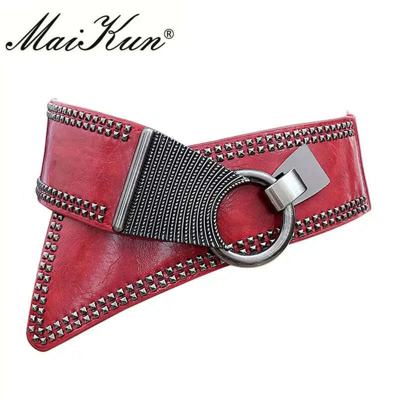 Maikun Fashion Punk Rocker Wide Belts for Women Elastic Wide European Style Women Belts Metal Round Buckle - KIMLUD